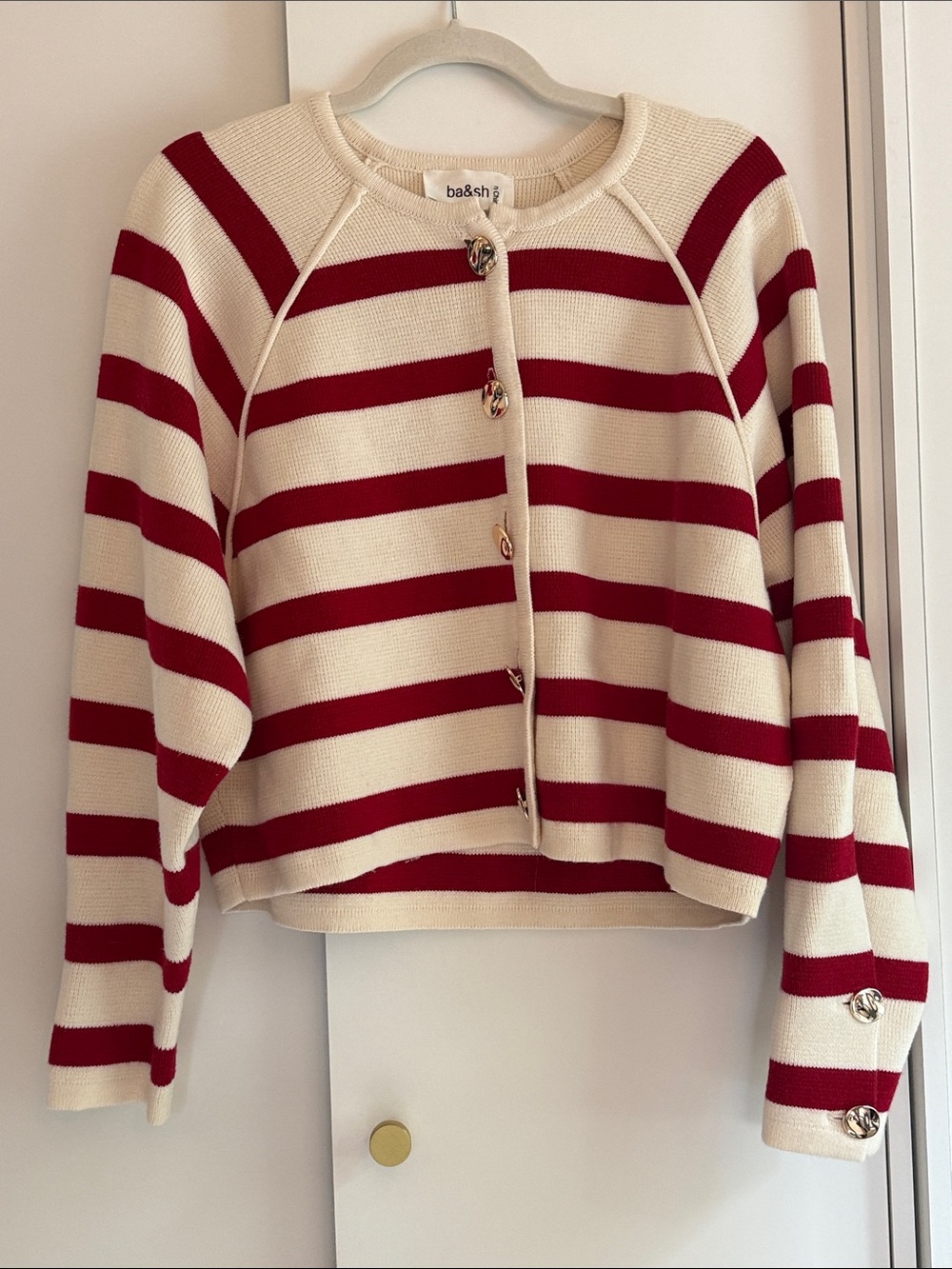 ba&sh Cream & Red Striped Button Cardigan with Gold Buttons
